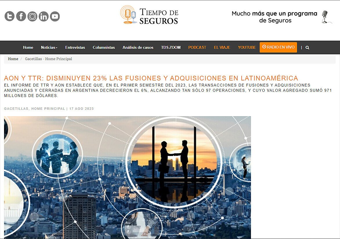 Aon y TTR: Disminuyen 23% las fusiones y adquisiciones en Latinoamrica